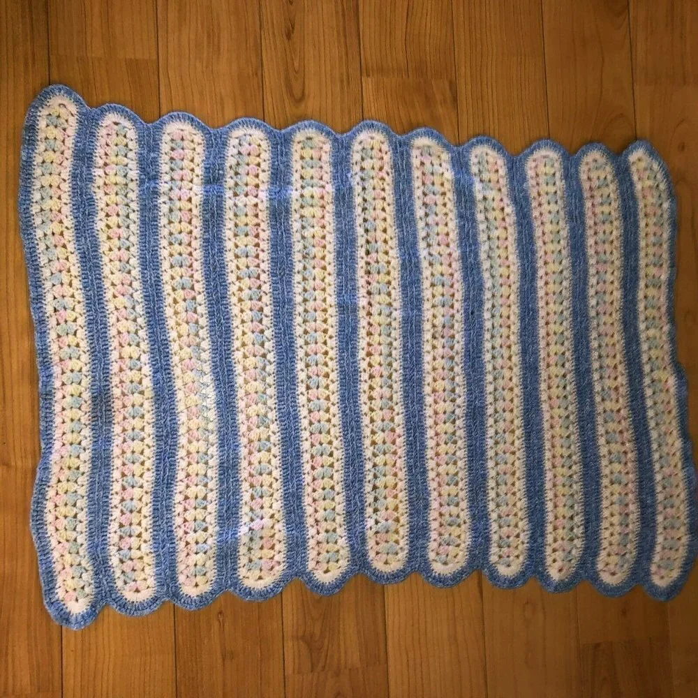 Vintage Crochet Afghan Blue Pink Handmade Baby Crib Quilt Nursery Blanket 40x31